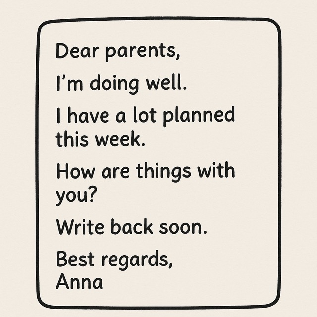 In the evening, Anna writes an email to her parents, who live in another city