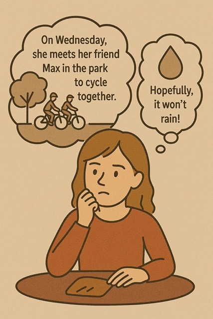 On Wednesday, she meets her friend Max in the park to cycle together