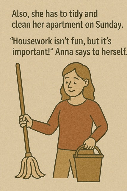 Also, she has to tidy and clean her apartment on Sunday